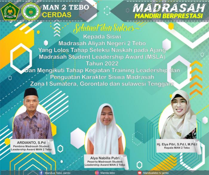 ALYA NABILLA PUTRI LOLOS SELEKSI NASIONAL NASKAH MADRASAH STUDENT LEADERSHIP AWARD 2022